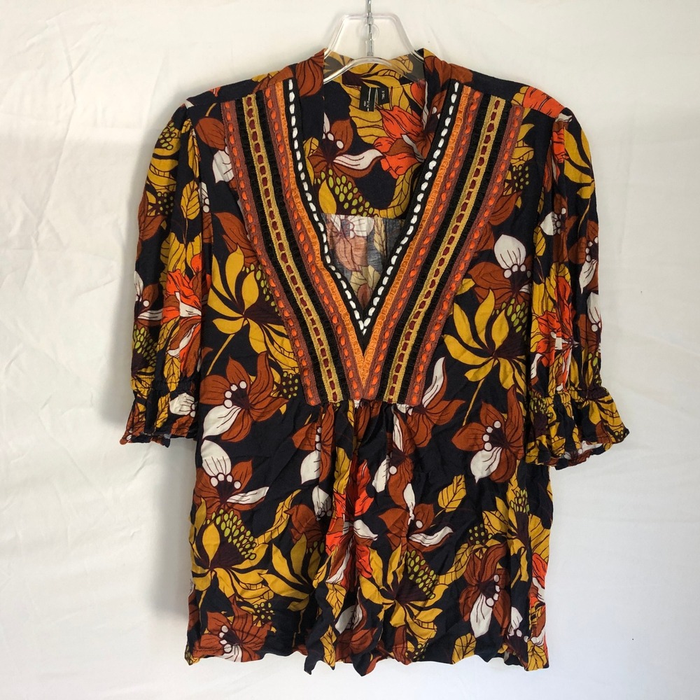 Blank London Floral Tunic Top Womens XS Orange Yellow Boho Embroidered V-Neck